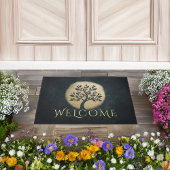 ヨガ瞑想インストラクターブラック金ゴールドツリーウェルカム ドアマット