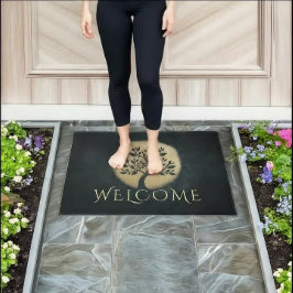 ヨガ瞑想インストラクターブラック金ゴールドツリーウェルカム ドアマット