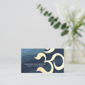 ヨガ瞑想インストラクターブルーと金ゴールドOMシンボル 名刺 (スタンド正面)