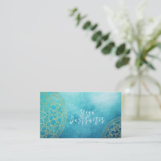 ヨガ瞑想インストラクターブルーゴールドフォイルマンダラ 名刺 (スタンド正面)