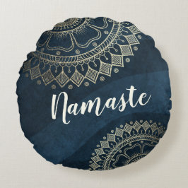ヨガ瞑想インストラクター金ゴールドマンダラネイビーブルー ラウンドクッション