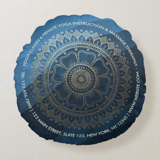 ヨガ瞑想インストラクター金ゴールドマンダラネイビーブルー ラウンドクッション (正面)
