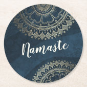 ヨガ瞑想インストラクター金ゴールドマンダラネイビーブルー ラウンドペーパーコースター (正面)