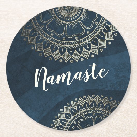 ヨガ瞑想インストラクター金ゴールドマンダラネイビーブルー ラウンドペーパーコースター (正面)