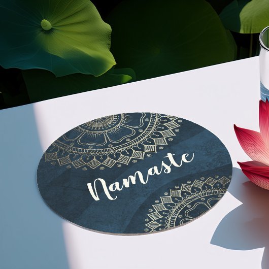ヨガ瞑想インストラクター金ゴールドマンダラネイビーブルー ラウンドペーパーコースター