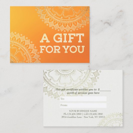 ヨガ瞑想先生オモダンレンジ金ゴールド曼荼羅 割引カード (正面/裏面)