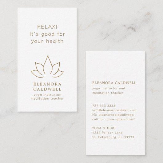 ヨガ瞑想先生ロータスロゴ金ゴールドオンホワイト 名刺 (正面/裏面)