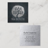ヨガ瞑想霊気インストラクターブラックシルバーツリー スクエア名刺 (正面/裏面)