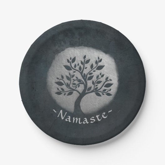 ヨガ瞑想霊気インストラクターブラックシルバーツリー ペーパープレート (正面)
