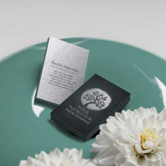 ヨガ瞑想霊気インストラクターブラックシルバーツリー 名刺