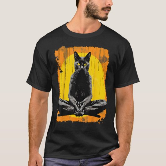 ヨガ瞑想黒猫 Tシャツ (正面)