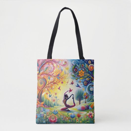 ヨガ調和の女性と鳥が咲く庭 トートバッグ (正面)