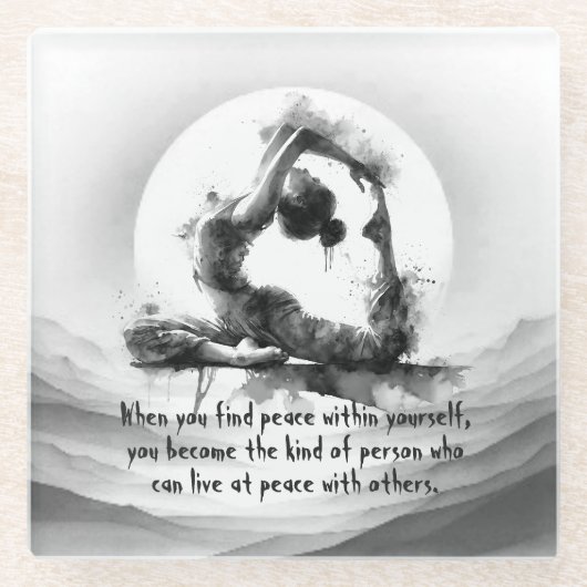 ヨガ霊気一本足キングピジョンポーズウォーター色 ガラスコースター (正面)