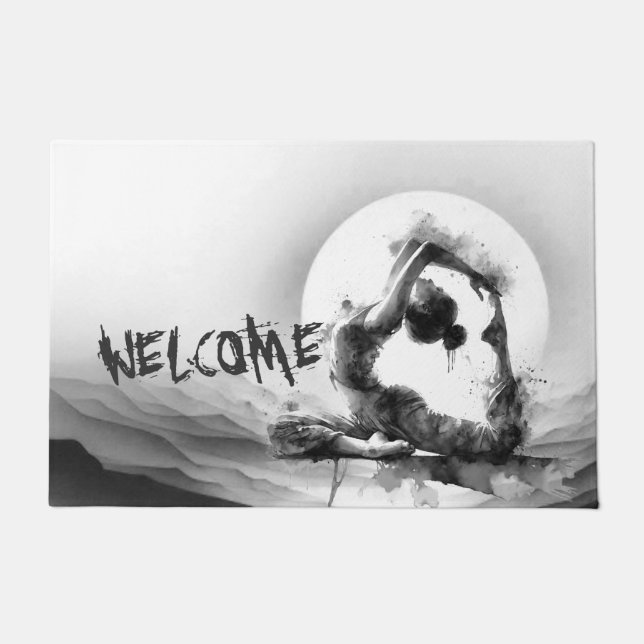 ヨガ霊気一本足キングピジョンポーズウォーター色 ドアマット (正面)