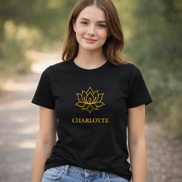 ヨガ ゴールド ロータスフラワー 名前 ブラック Tシャツ
