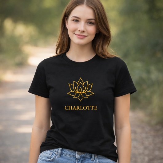ヨガ ゴールド ロータスフラワー 名前 ブラック Tシャツ