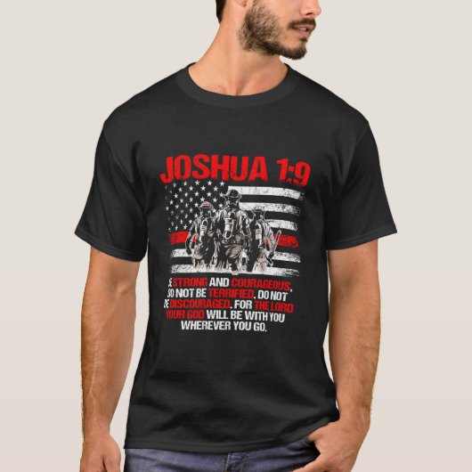 ヨシュア記19節 シン・レッド・ライン消防士の聖書の詩 Tシャツ (正面)