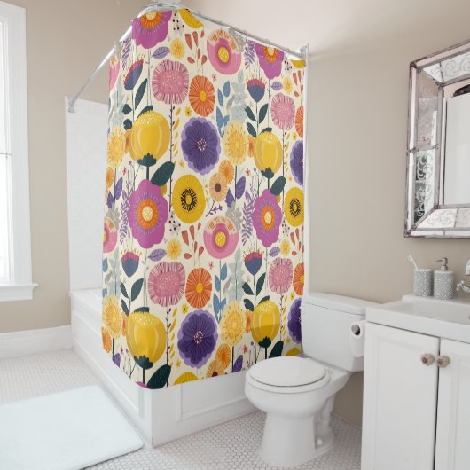ヨセフカラフルィーン紫と黄モダンフローラ シャワーカーテン (インサイチュ)