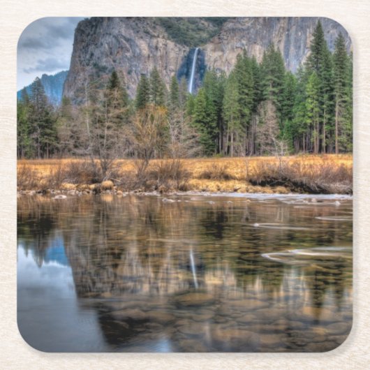 ヨセミテの景色の滝 スクエアペーパーコースター (正面)