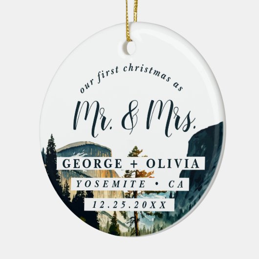 ヨセミテカリフォルニア私たちの初めてのクリスマス水彩色 セラミックオーナメント (左)