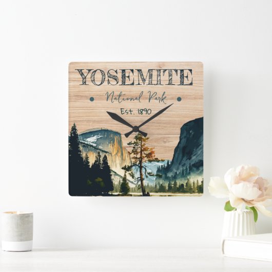 ヨセミテ国立公園ウォーターカラーハーフドームサンセット スクエア壁時計 (ホーム)