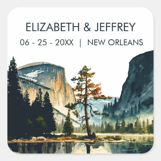 ヨセミテ結婚国立公園の水彩画 スクエアシール (正面)