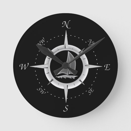 ヨットおよびコンパス面図 ラウンド壁時計 (正面)