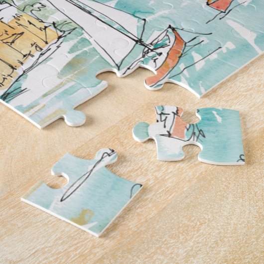 ヨットが付いているPorofino港のイラストレーション ジグソーパズル (側面)