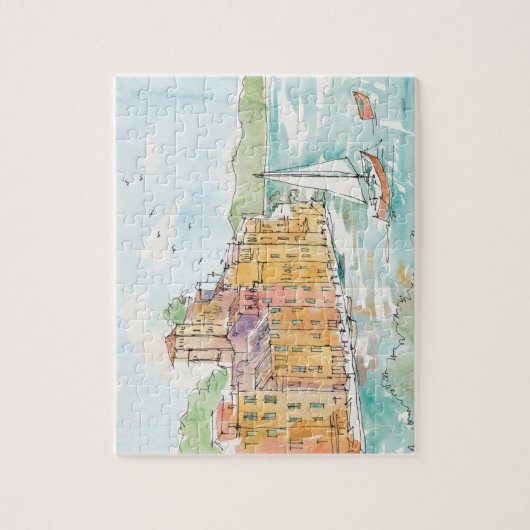 ヨットが付いているPorofino港のイラストレーション ジグソーパズル (縦)