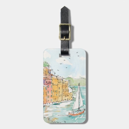 ヨットが付いているPorofino港のイラストレーション ラゲッジタグ (正面縦)