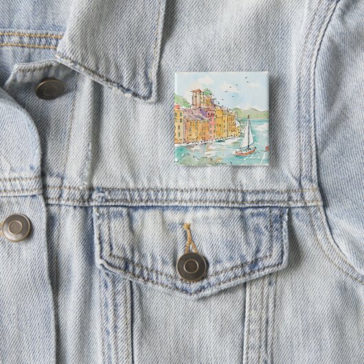 ヨットが付いているPorofino港のイラストレーション 缶バッジ (インサイチュ)