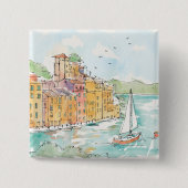 ヨットが付いているPorofino港のイラストレーション 缶バッジ (正面)