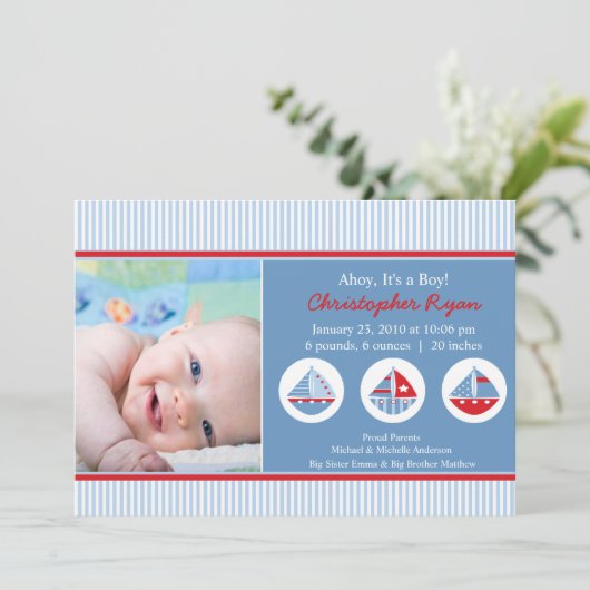 ヨットの男の赤ちゃんの誕生Annoucement 招待状 (スタンド正面)