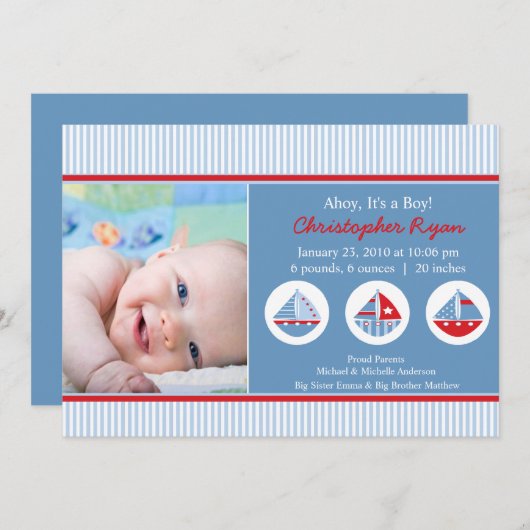 ヨットの男の赤ちゃんの誕生Annoucement 招待状 (正面/裏面)