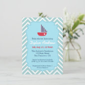 ヨットの航海のなベビーシャワー、青いシェブロン 招待状 (スタンド正面)