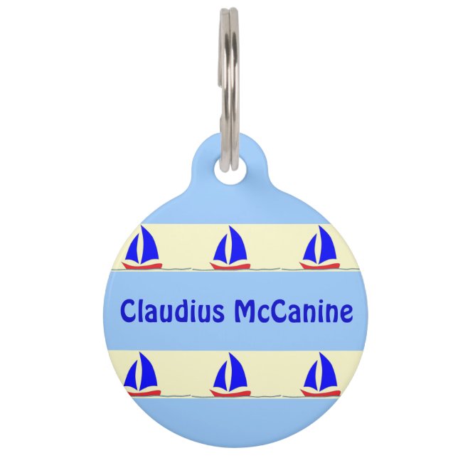 ヨットの青い縞のカスタム ペット　ネームタグ (正面)