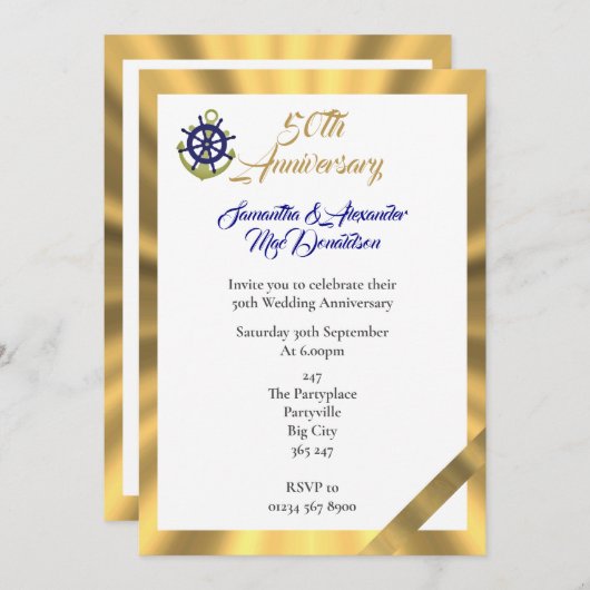 ヨットをテーマにした結婚50周年 招待状 (正面/裏面)