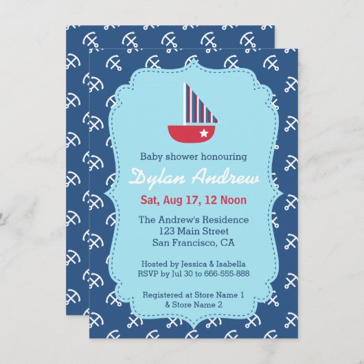 ヨットエレガントいかりベビ航海のーシャワー 招待状 (正面/裏面)