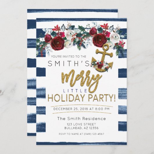 ヨットホリデーパーティク航海のリスマスストライプセス 招待状 (正面/裏面)