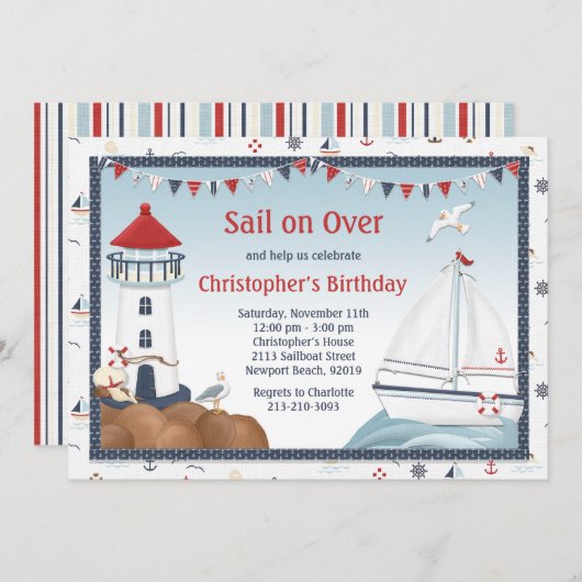 ヨット誕生日パーティーの招待 招待状 (正面/裏面)