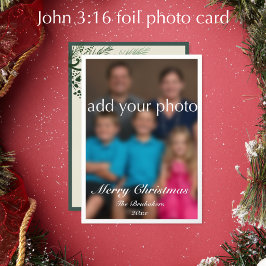 ヨハネの福音書3章16節 モダンなグリーン写真のクリスマス 箔シーズンカード