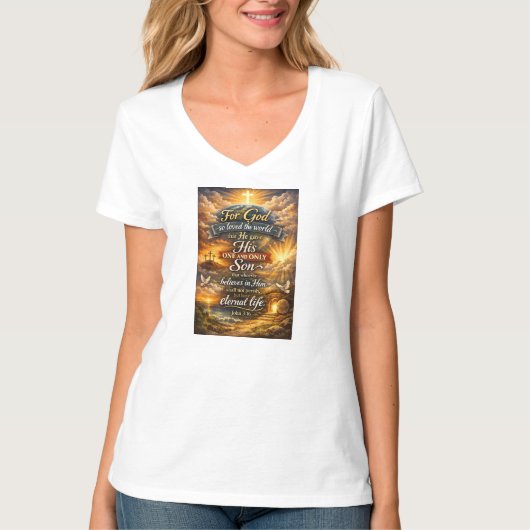 ヨハネの福音書3章16節　女性用VネックTシャツ Tシャツ (正面)