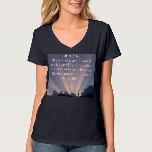 ヨハネの福音書 3:16 聖句 Vネック レディース Tシャツ (正面)