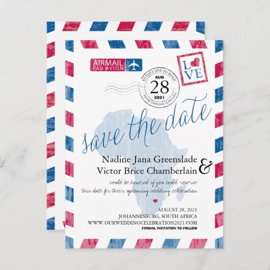 ヨハネスブルグ南アフリカ航空便の日付を保存 案内ポストカード (正面/裏面)