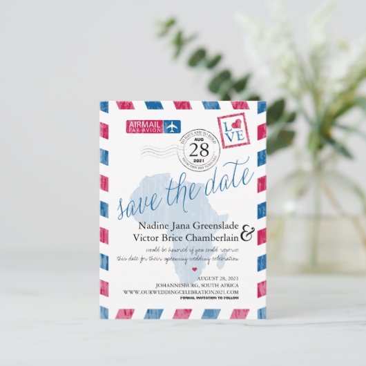 ヨハネスブルグ南アフリカ航空便の日付を保存 案内ポストカード (スタンド正面)