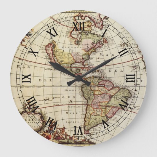 ヨハネス・デ・ラムによるアメリカ大陸の古地図 ラージ壁時計 (正面)