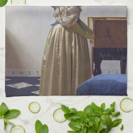 ヨハネス・ヴェルミエ – ヴァージナルに立つレディ キッチンタオル (折り畳み)