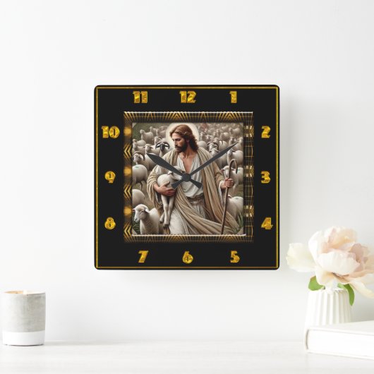 ヨハネ10:7栄光の羊飼い スクエア壁時計 (ホーム)