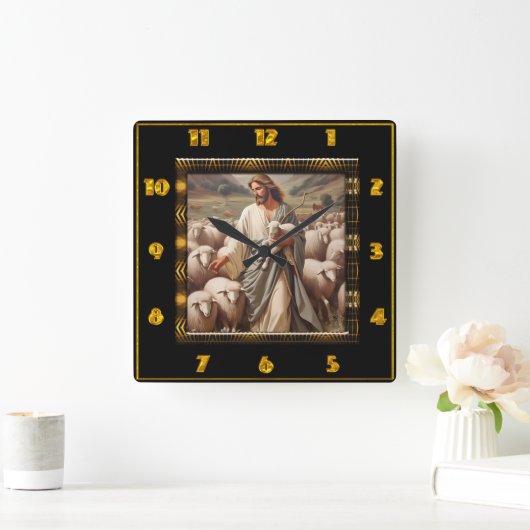 ヨハネ10:7羊飼いフィールドアートワーク スクエア壁時計 (ホーム)