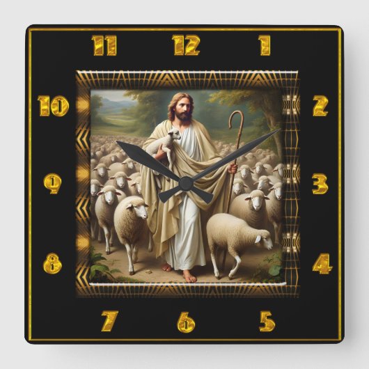 ヨハネ10:7黄金の羊飼いの情景 スクエア壁時計 (正面)